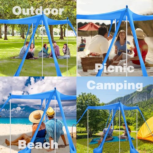 Beach Canopy Beach Tent 11X11 FT 6 Sandbags 4 Stability Poles Beach Shade Canopy UPF50+ Sun Protection Extra Windproof Rop...