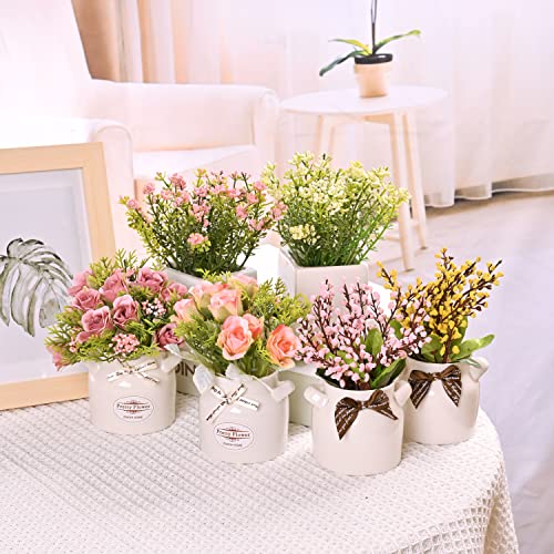 LUEUR 6Pcs Artificial Flowers with Ceramic Pot Fake Flower Arrangements Small Faux Spring Flowers in Vase Spring/Summer De...