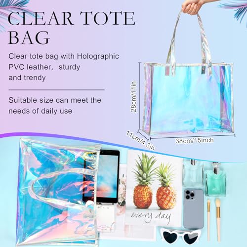 Aliceset Holographic Clear Tote Bag with Leather Handle Iridescent Bachelorette Beach Bag for Work Stadium Travel | with L...