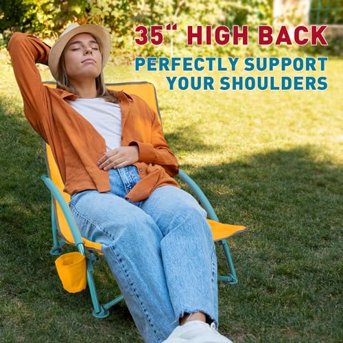 NORTHROAD 2 Pack Low Folding Beach Chair,Portable Lightweight Lowback Sling Chair, Outdoor Low Seat Camping Chair w/Cup Ho...