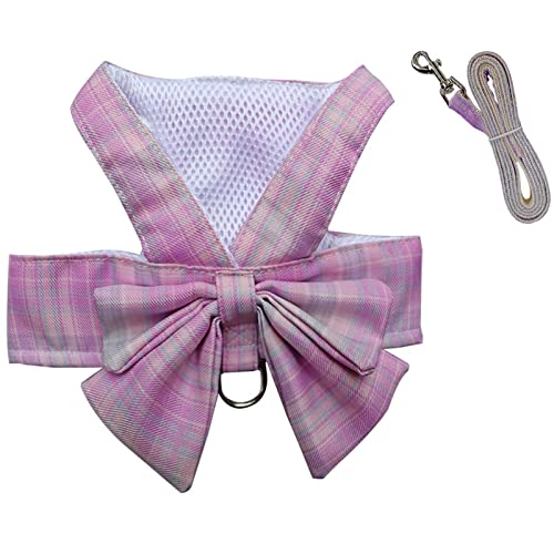 Dog Harness and Leash Set, Cute Bow Tie Plaid Harnesses for Puppy Cat, Adjustable Pet Kitties Vest, Breathable Harness Tra...