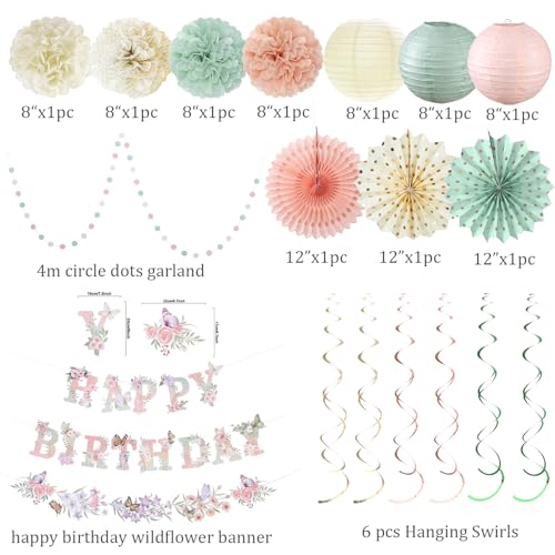 Sage Green Blush Pink Birthday Decorations,Flower Butterfly Happy Birthday Banner, Wildflower Garland,Paper Lanterns Tissu...