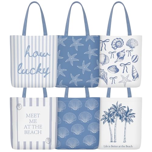 Reginary 6 Pcs Coastal Canvas Tote Bags with Pocket Summer Beach Themed Gifts Blue Seashell Starfish Conch Coral Pattern