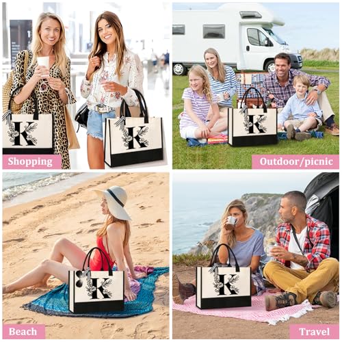 Tecanne Personalized Initial Canvas Tote Bag, Suitable for Birthday, Wedding, Beach, Holiday, Gifts for Women, Mom, Teache...