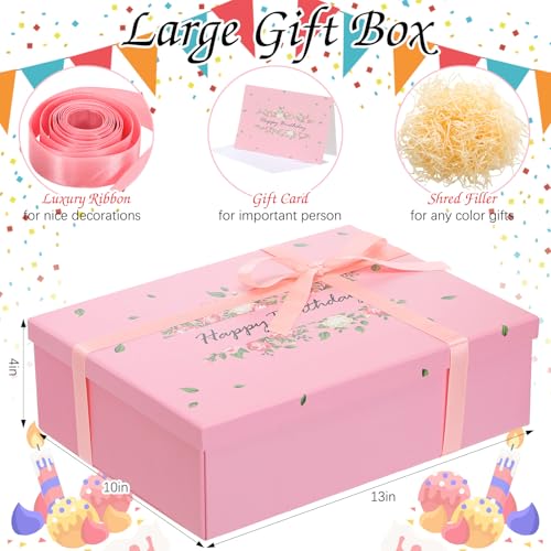 Ctosree 13 Inch Large Luxury Birthday Gift Boxes with Lids for Presents Pink Bow Ribbon Floral Style Gift Box Empty for Bi...