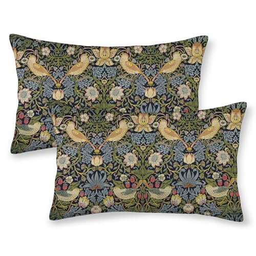 Jecuwo Floral Pillow Covers 12x20 Inch Set of 2, Sage Green Flower Bird Outdoor Decorative Throw Pillowcase William Morris...