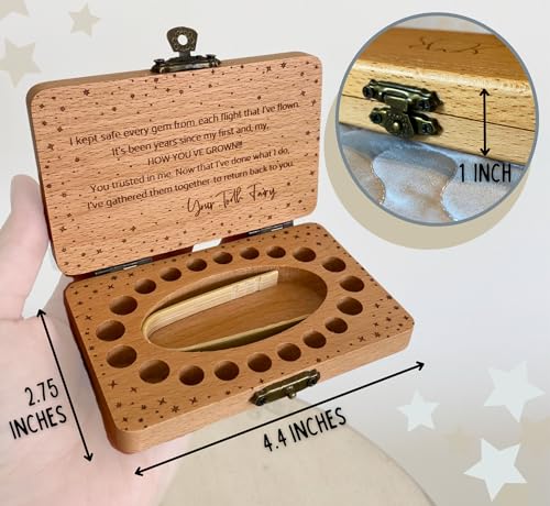 Tooth Fairy Keepsake Box for Girls & Boys, Tooth Fairy Box for 20 Baby Teeth, Wooden Tooth Storage & Saver Box for Lost Te...