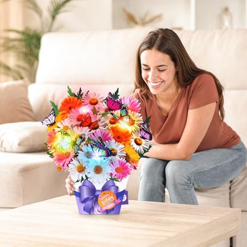APOTODITO Birthday Cards, Butterfly & Daisy Birthday Card with Music and Light, Flower Bouquet 3D Card for Women Mom Wife