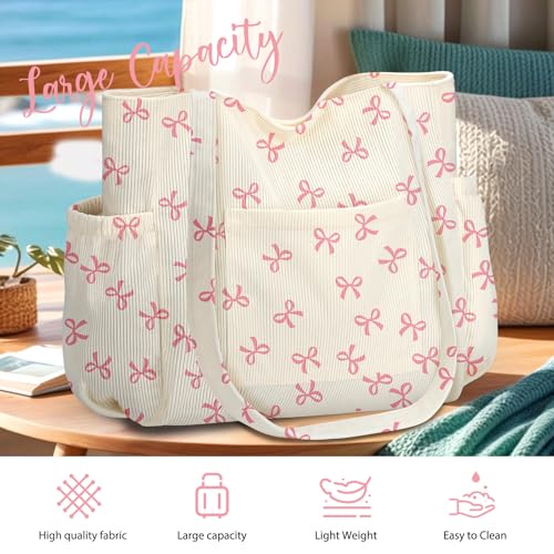 Corduroy Tote Bag for Women,Large Capacity Cute Tote Bags With 6 Pockets,Crossbody Shoulder Handbag for Work Travel Gym