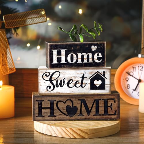 Moucuny 4 Pcs Farmhouse Wooden Tabletop Decor Farmhouse Tiered Tray Decor Rustic Eucalyptus Leaves Wood Block Sign Gift Sw...