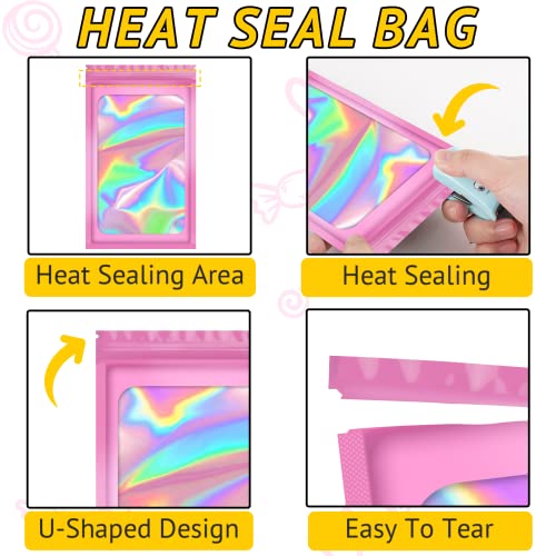TIFICAL 100 PCS Holographic Bags, Smell Proof Bag, Resealable Gift Bags, Clear Bags for Food Storage, Party Favor Bag, Myl...