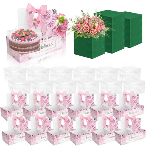 12 Set Mother's Day Cake Flower Gift Boxes with 12 Pcs Transparent PVC Cake Boxes 12 Floral Foam Ribbon Set Flower Bouquet...