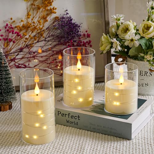 Da by 3 Pack Ivory Transparent Acrylic Flameless Taper Candles, Flickering Black Wick LED Candles with Fairy String Light...