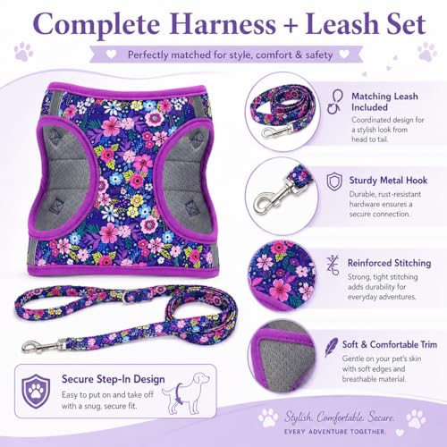 Moonpet Step in Dog Harness Leash Set- All Weather Reflective No-Pull Floral Pattern Padded Mesh Vest Harness for Cats Pup...