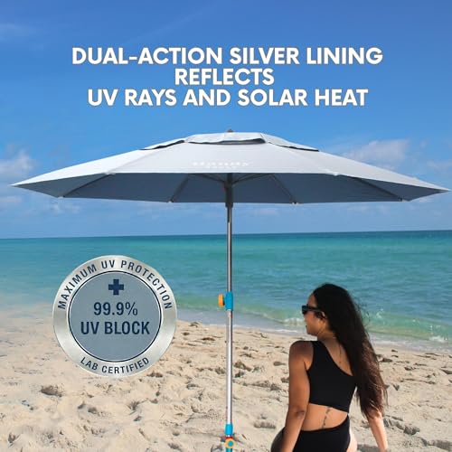 Handy Beach Umbrella & Anchor System, Large 7ft Silver Coated UPF 55 Canopy, 10 Second Installation, Wind Resistant, Durab...