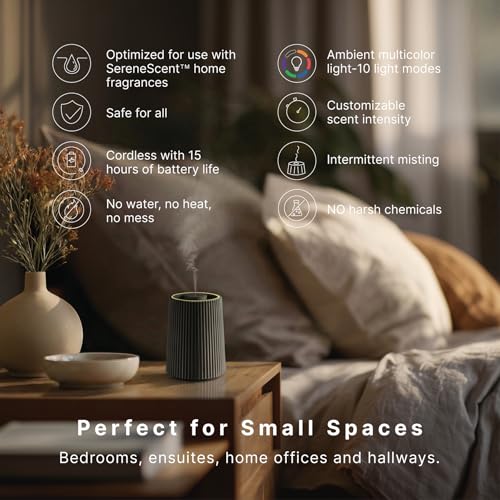 Homedics Waterless Essential Oil Diffuser with 15ml Vanilla Cedarwood Fragrance Oil. SereneScent Cordless Cold Air Scent D...