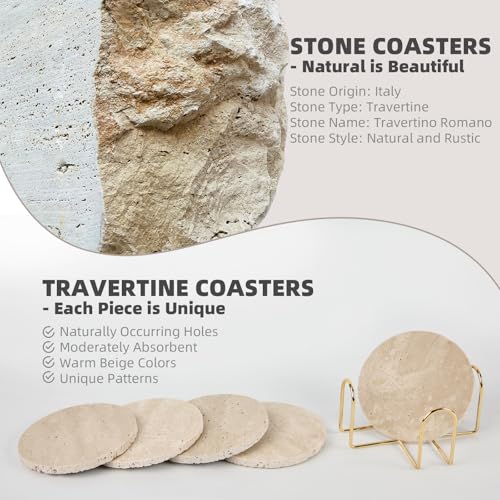 YONGHEE Italian Travertine Coasters Set of 5 with Holder, Round Beige Marble Drink Coasters for Coffee Table Decor Housewa...