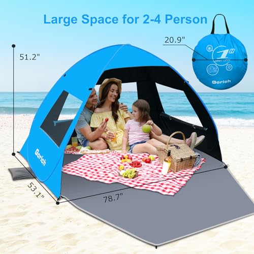 Gorich Easy Pop Up Beach Tent for 3-4 Person, UPF 50+ UV Protection Beach Umbrella Sun Shelter, Portable Lightweight Shade...