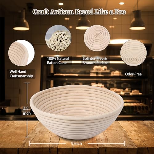 Banneton Bread Proofing Basket - Proofing Basket Set of 2 (9 inch Round) - Natural Rattan Banneton with 4 Linen Liners - B...