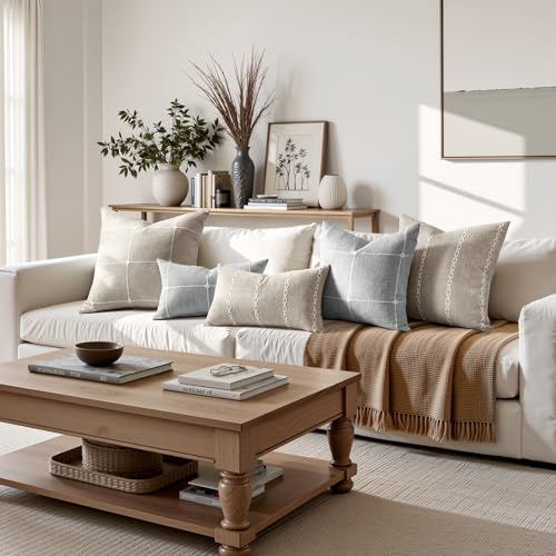 HOMEIDEAS Decorative Plaid Throw Pillow Covers 20x20 Set of 2, Tan Farmhouse Pillow Covers, Neutral Faux Linen Cushion Cov...