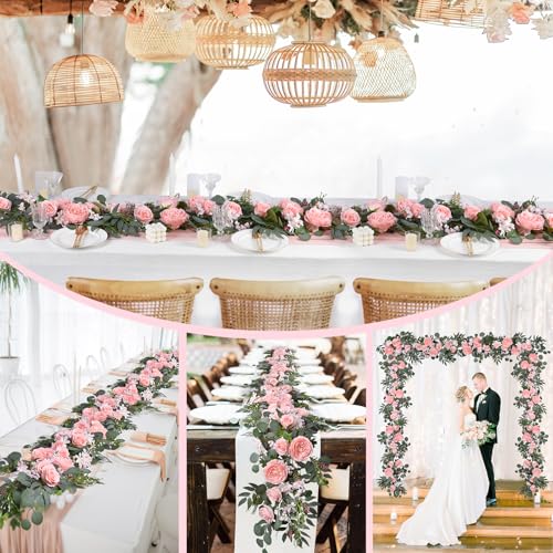 DearHouse 2Pcs Artificial Peony Flower Garland and - Silk Peony Garland with Flowers and Eucalyptus for Wedding Party Tabl...