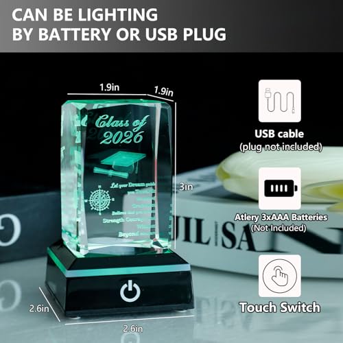 Class of 2026 Graduation Gift, Class of 2026 3D Crystal Laser Engraved Plaque with Glowing LED Base, Meaningful Senior Gif...