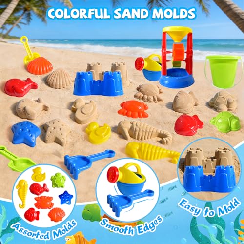Beach Toys, 19 Piece Sand Toys Set Kids Sandbox Toys Includes Water Wheel Beach Tool Kit Bucket Watering Can Molds with Me...