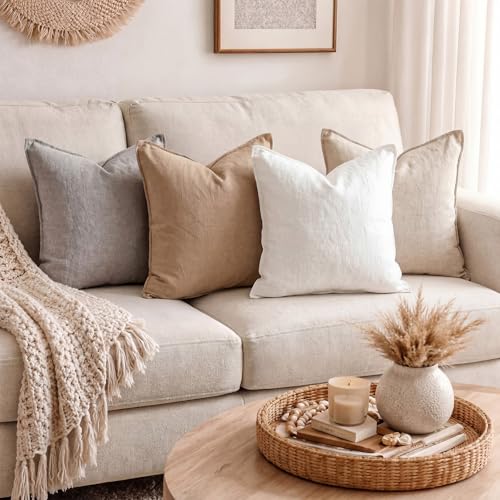 CrystalSylara 4 Pack 18x18 Inch Linen Pillow Covers Decorative Neutral Linen Throw Pillows Cases, Soft Rustic Cushions Boh...