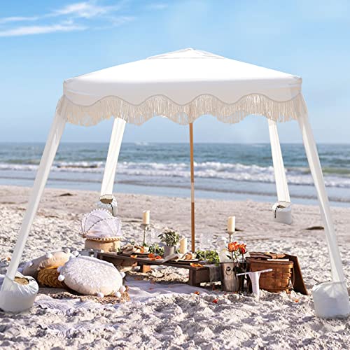 AMMSUN Beach Cabana with Fringe, 6.5' x 6.5' Boho Beach Canopy with Tassels, Easy Set up & Premium Wood Pole, Cabana Tent ...