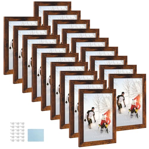 PHAREGE 5x7 Picture Frame Bulk Brown, Set of 18 MDF Wood Grain Frame for Display 5 by 7 Family Wedding Photos on Tabletop ...