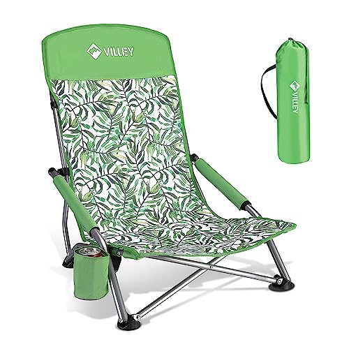 VILLEY Low Beach Chair, High Back Folding Beach Chair for Adults, Lightweight and Portable for Outdoor, Beach, Camping, La...
