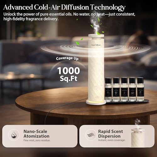 Waterless Scent Diffuser Starter Kit with 5 Oils, Luxury Hotel Style Cold Air Diffuser Oil Machine for Home, 1000 Sq Ft Co...