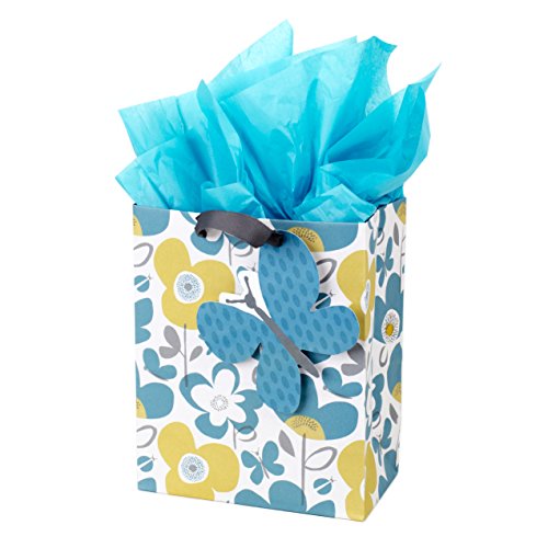 Hallmark 9" Medium Gift Bag with Tissue Paper (Flowers and Butterflies; Turquoise and Yellow) for Birthdays, Mothers Day, ...