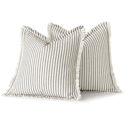 MIULEE Pack of 2 Black Pillow Covers 20x20 Inch Striped Farmhouse Couch Throw Pillow Covers with Fringe Chic Linen Decorat...