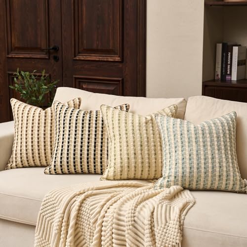 Yangest Boho Cotton and Linen Square Pillow Cover 18x18 Inch, Striped Luxury Couch Pillowcover Accent Modern Decorative Co...
