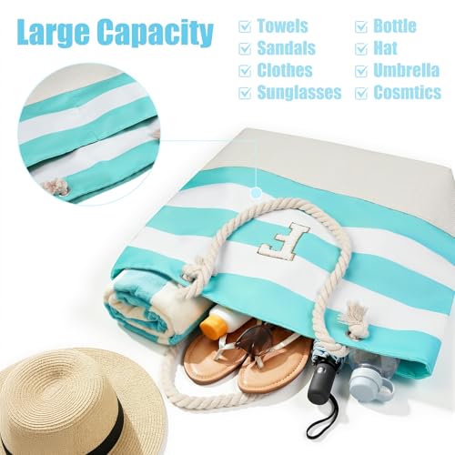 Vavabox Initial Beach Tote Bag for Women, Water-resistant Travel Beach Bag Pool Bag Set, Birthday Gifts for Women Mom