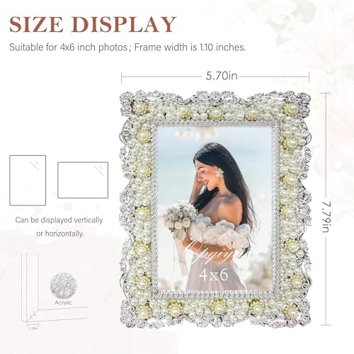 QPQIYIY 4x6 Pearl Picture Frame with Tempered Glass, Elegant Jewel Photo Frame with Rhinestones for Home Decor Tabletop Ho...