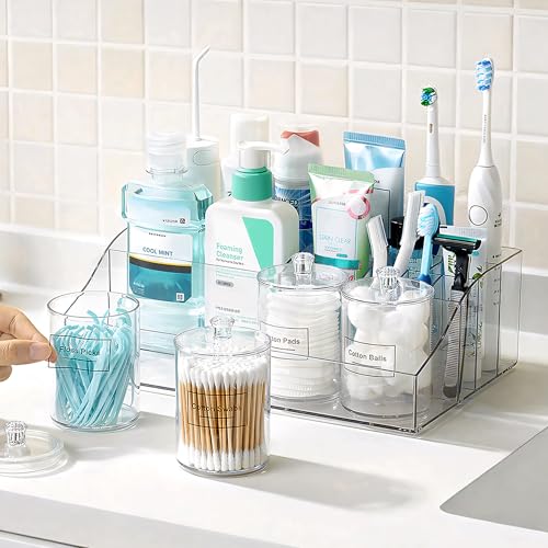 Vtopmart 5 PCS Bathroom Countertop Organizer, 1 Divided Tray with 4 Qtip Holder Jars, Restroom Clear Organizers for Toothb...