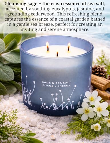 White Sage Sea Salt 3 Wick Candle - Large Soy Scented Candle 14.5 oz - Sage Candle for Cleansing House - Aromatherapy Ener...