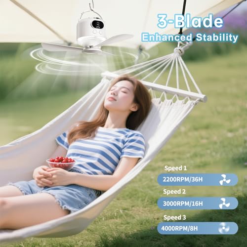 geonfi Camping Fan 10400mAh Battery Operated, USB Rechargeable Tent Fan with Remote Control,3 Detachable Blades, LED Ligh...