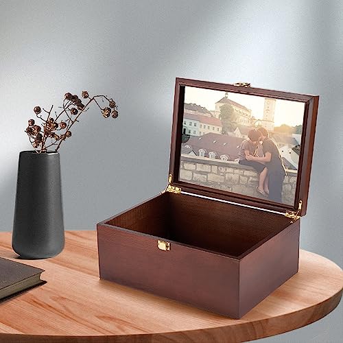 Larger Wooden Memory Keepsake Box with Hinged Lid & 8x10 Photo Frame Inside Lid – Decorative Storage Box With a Hinge Lids...