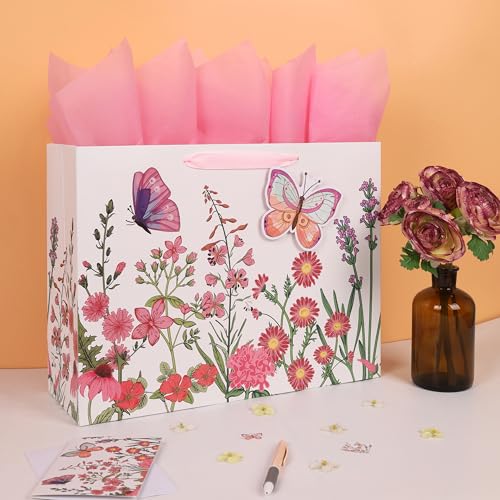 Qirrmiy 16.5” Extra Large 3D Butterfly Gift Bag Set with Handles, Greeting Card, Pink Tissue Papers and Stickers for Women...