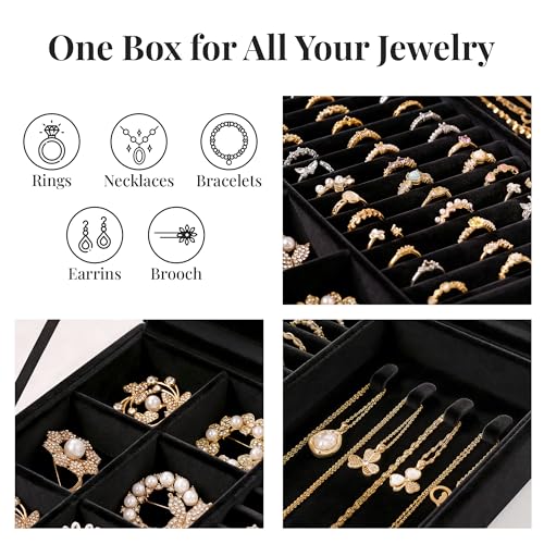 bussdis Glass Lid Jewelry Organizer Box – Black Velvet Jewelry Case with Ring Slots, Necklace Hooks & Removable Compartmen...