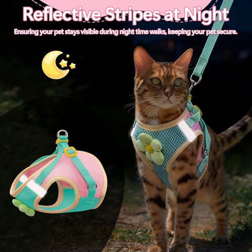 Cat Harness and Leash Set Escape Proof, Adjustable Cat Vest Harnesses Soft Kitten Harness Reflective Strips Jacket with Fl...