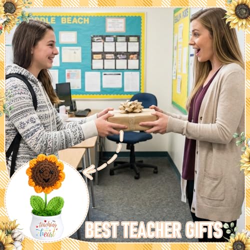 6 Pcs Teacher's Day Gift Bulk Teacher Appreciation Gift for Women Thank You Crochet Sunflower with Sticker Retirement Grad...