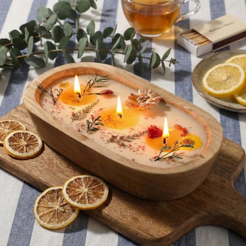 Conelist 9.45'' Large Botanical Scented Bowl Candle Gift for Women Dried Flowers Wooden Dough Bowl Soybean Wax Candles for...
