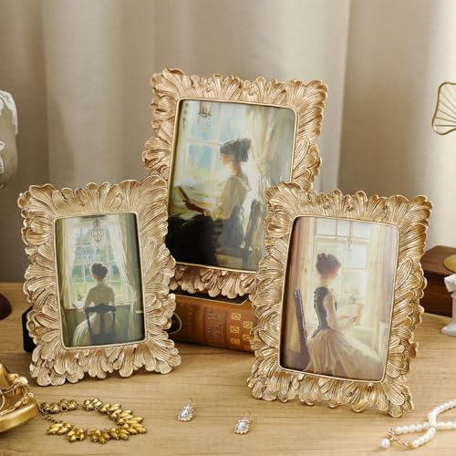 Wonderjune 3 Pcs Vintage Picture Frames Antique Set Baroque Ornate Gold Arched Photo Frames with Glass, Tabletop or Wall f...