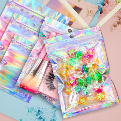 Funfery 100 pcs Mylar Holographic Bags Packaging Bags,Clear Resealable Bag Foil Pouch Bag for Party Favor,Goodies,Treat,Ca...