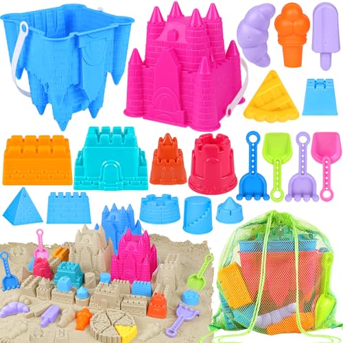 FUSPWEAO Beach Toys Sand Toys for Kids, Sand Castle Toys for Beach with 2 Castle Bucket and Mesh Bag, Sand Molds, Shovels ...