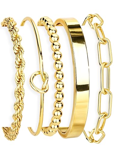 Gokeey Gold Bracelets Set for Women Non Tarnish, Waterproof 14K Gold Plated Sterling Silver Chunky Cuff Bracelet Stackable...